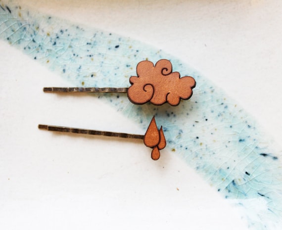 Hair Pin Set - Rain Drop and Cloud "Rainy Day" Leather Hair Accessory Set