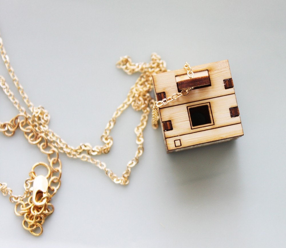 Polaroid Camera Necklace Locket - Wood Vintage Camera Locket