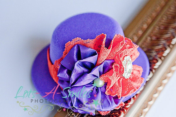 ready to ship - mini top hast, fashion hats, girls hats, childrens hast, purple and orange fabric and lace flower, hair clip