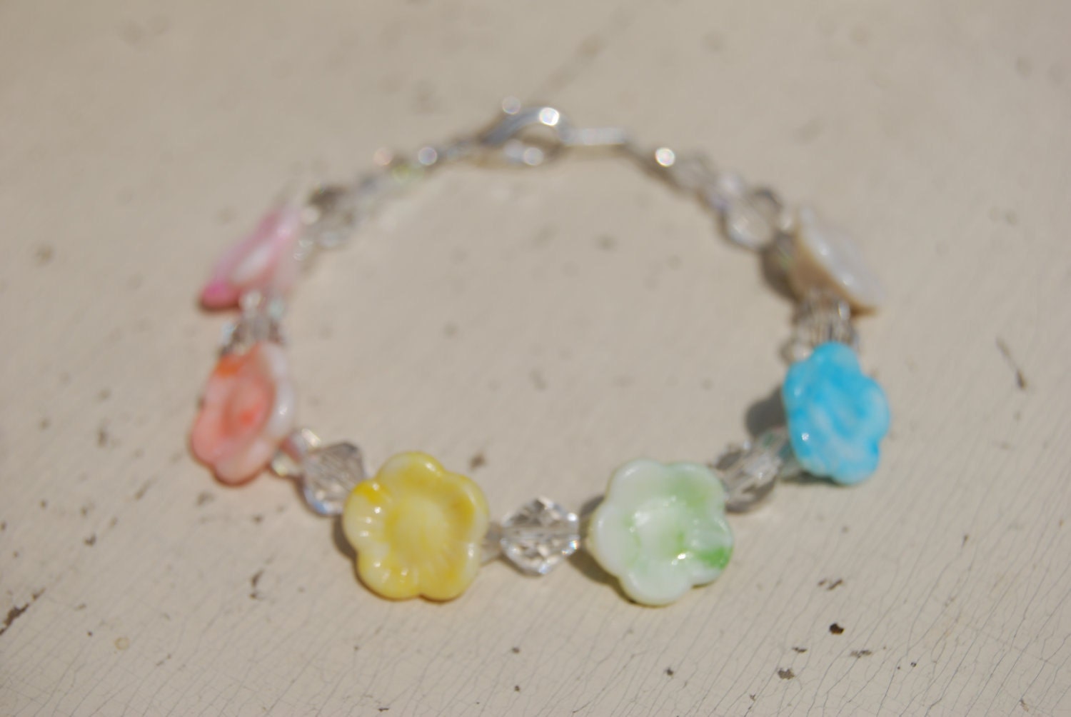Button Bracelet, Vintage Rainbow Flowers with Pink Peach Yellow Green Blue Pastels and Crystal Glass Beads, 3-4 Years Size (Item 419)