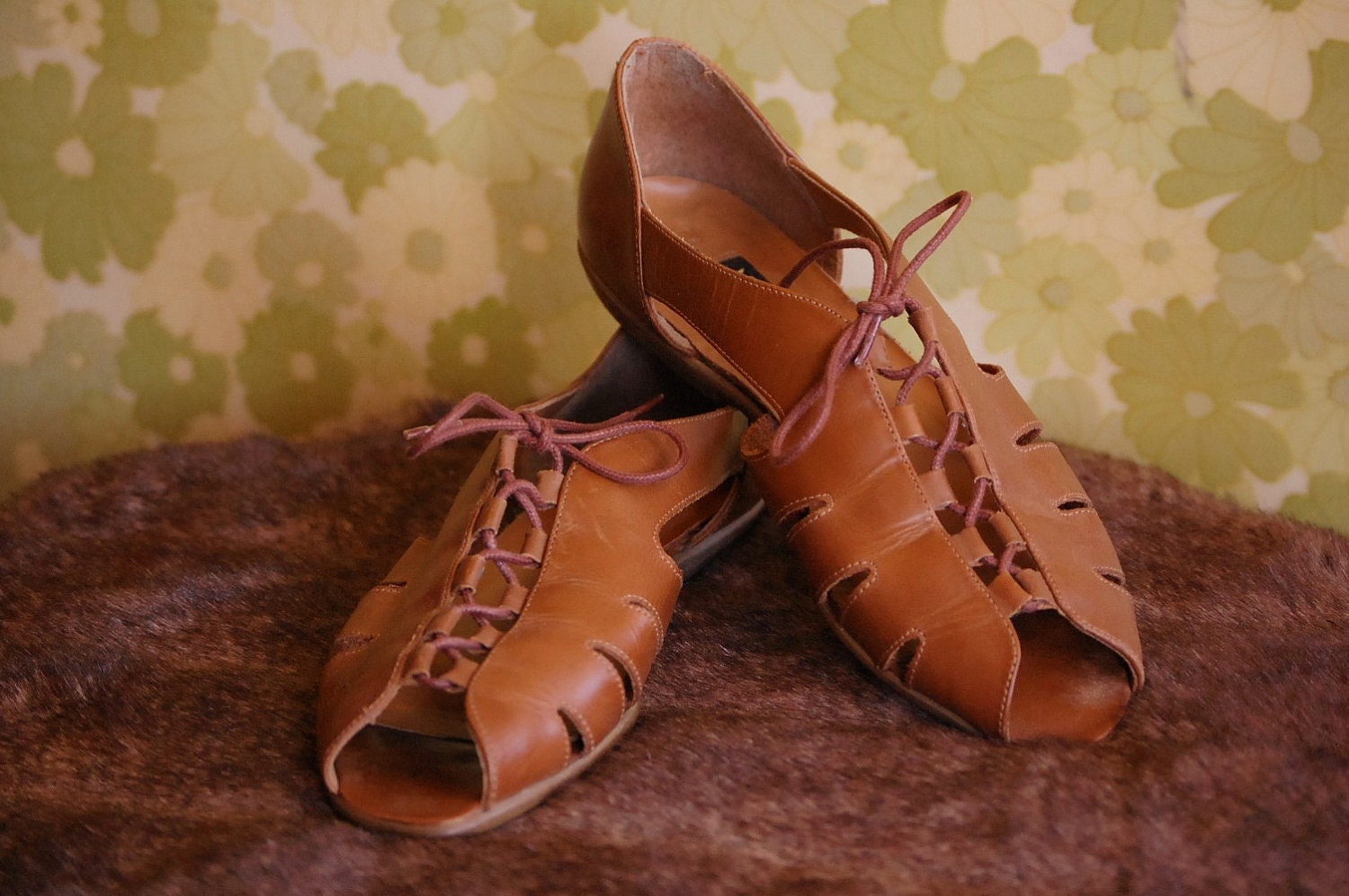 Brown Leather Lace Up NativeIndianHippie SandalsShoes Womens US 8.5