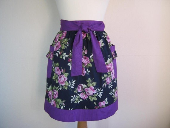 Retro apron, purple mauve floral, Half Apron 1950s inspired.