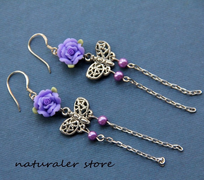 Figure Nectar - The Butterfly With Purple Roses - Flash Beads And Tassels - Polymer Clay Earrings