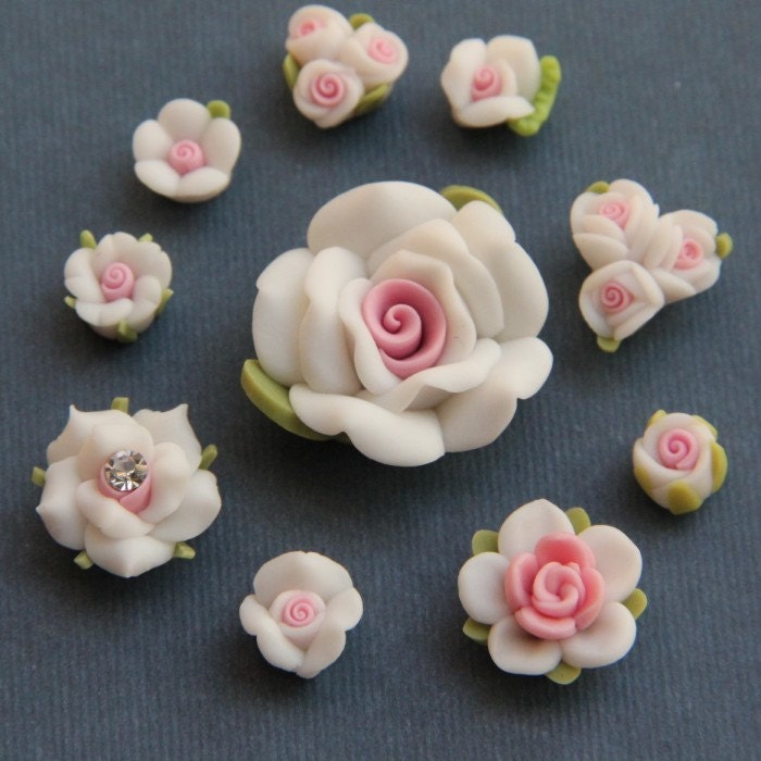 10pc- Set-White-Polymer Clay DIY Flowers for Earring Pendant Ring