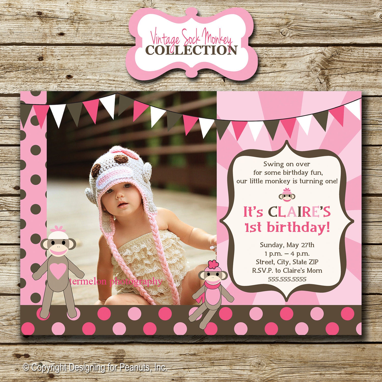 Pink Girl Sock Monkey Birthday Party Photo Invitation, invite, thank you card, printable, digital