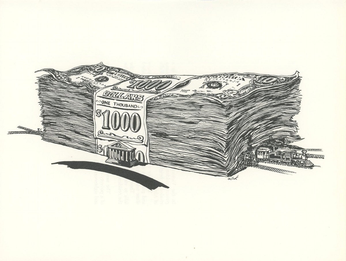 Vintage Art Print, Grand Central Station, Train Money, Fabled Arts, Illustrated By Norman Kirk II, USA, 1975