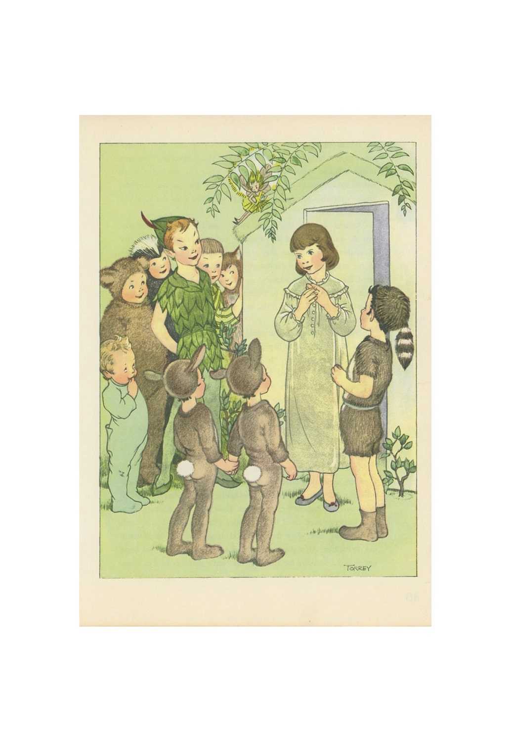 Peter Pan, Wendy Meets The Lost Boys Peter Tinkerbell Hideout, Antique Children Print, Illustrated By Marjorie Torrey, USA