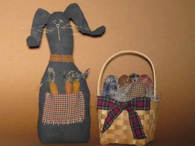 Primitive Bunny Rabbit Doll -Fabric - Black - Easter - with homespun eggs in basket - Spring Decor
