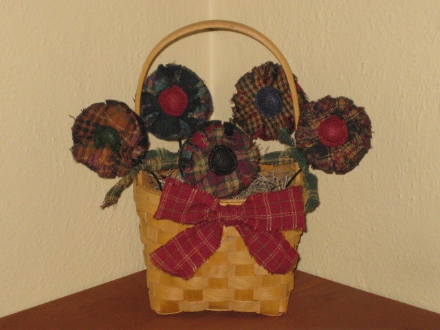 Primitive Homespun Spring / Summer Fabric Flowers in Basket - Bouquet