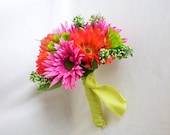 Tropical Wedding Bouquet Orange Gerberas Hot Pink Green Bridal party accessories Destination Wedding silk flowers