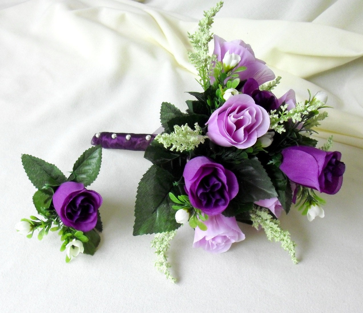 Silk Bridal Bouquet Purple lavender roses wedding flowers groom Boutonniere set Brides Maid Ready to ship bridal accessories