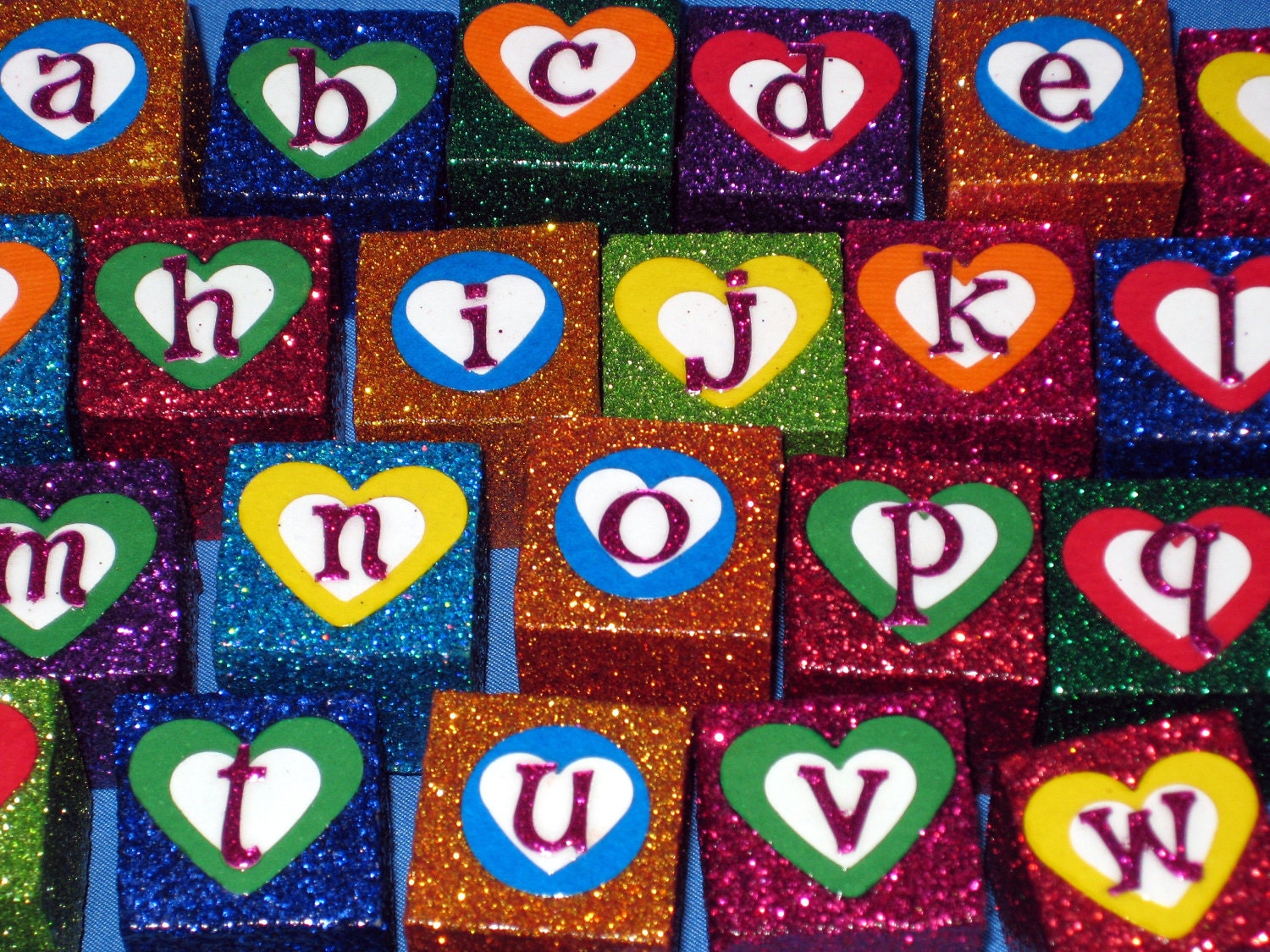 Alphabet Rubber Stamp Set, Childrens Alphabet, Rainbow Colored, Glitter Heart Sparkly Gift Idea