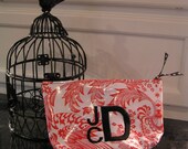 Small Monogrammed Makeup Bag / Personalized Cosmetic Bag in Floral Red Toile and Black Polka Dot Waterproof Oilcloth