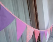 Very Long 12 feet Pink Violet and Lilac Summer Birthday  Wedding Party Garland Banner Bunting Made from Cotton Fabrics