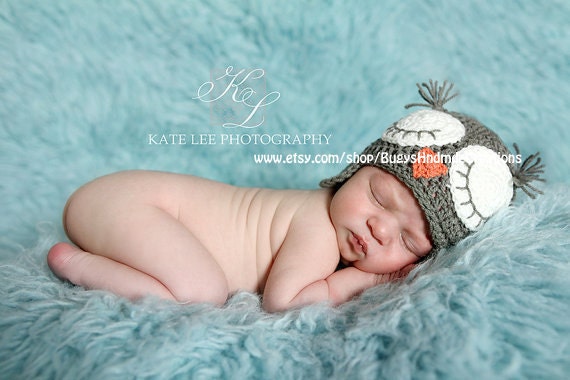 READY TO SHIP Newborn Adorable Sleepy Owl Hat with Earflaps Grey Unisex