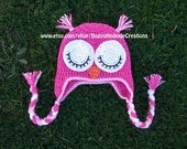 Adorable Girls Sleepy Owl Hat with Earflaps Pink, Light Pink and White