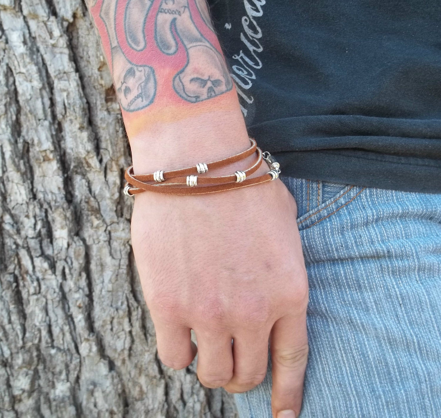 Pewter Studded Brown Leather Wrap Bracelet for Men Women Boys Girls Teens - Free Shipping
