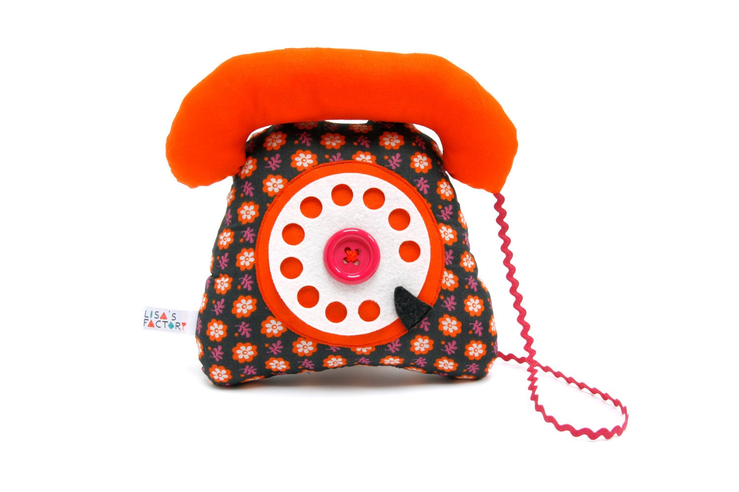 phone dial telephone play cushion velcro handset retro fabric orange - telephone a cadran combiné avec velcro