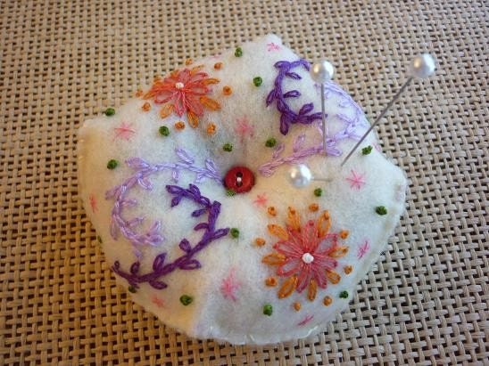 Felt Off White Hand Embroidered Pin Cushion