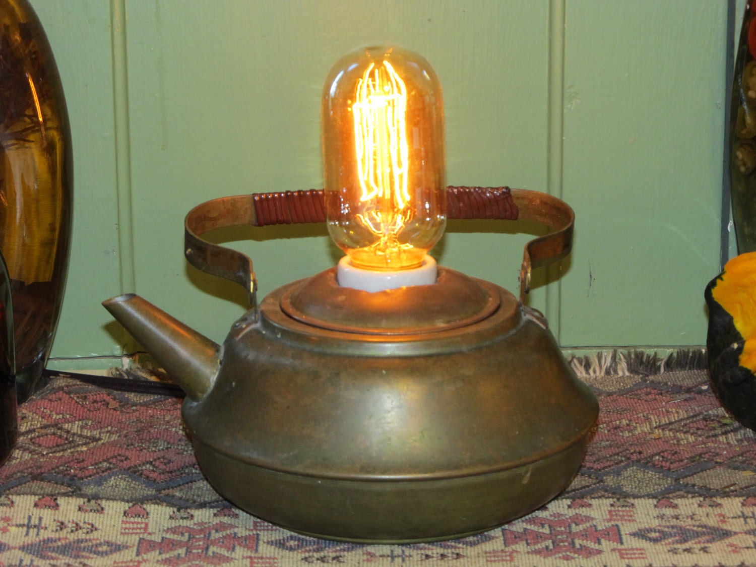 Antique Made in Holland Brass Tea Pot With a Vintage Style Light Bulb Lamp