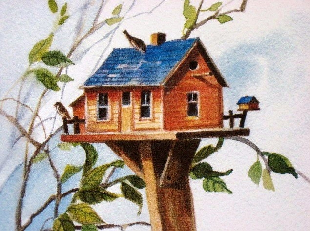 Bird House Farm Print Watercolor Painting - judithbelloriginals