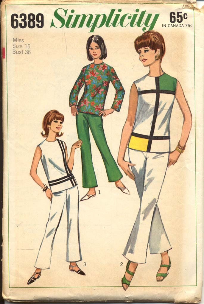Simplicity 6389 Misses 1960s Mondrian Pantsuit Pattern Bell Bottom Pants Overblouse Two Sleeve Lengths Womens Vintage Sewing Pattern Bust 36