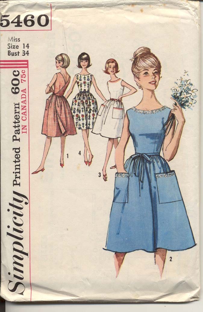 Simplicity 5460 Misses 1960s V Back Wrap Dress Pattern Sleeveless Low Round Neck Big Patch Pockets Womens Vintage Sewing Pattern Bust 34