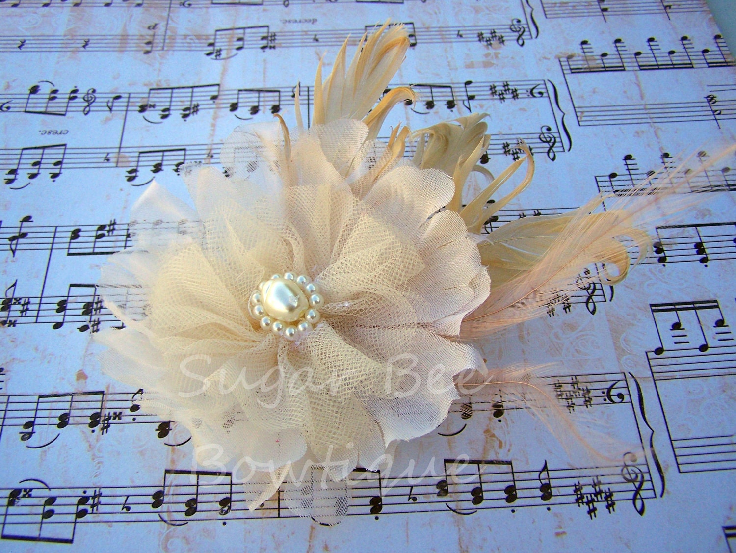 Ivory Feather Silk Tulle Flower--baby infant girl teen adult