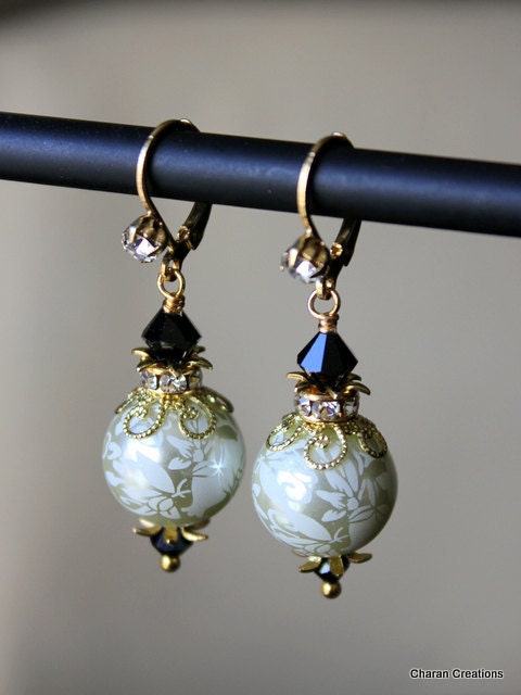 Etched Creme Pearls, Black Crystals and Gold Classic Vintage Style Earrings