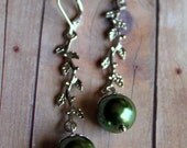 Green Pearls on Silver Vine Earrings