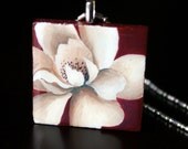 OOAK Wearable Art  Vintage Camellia Flower Hand Painted Wood 3D Pendant Necklace