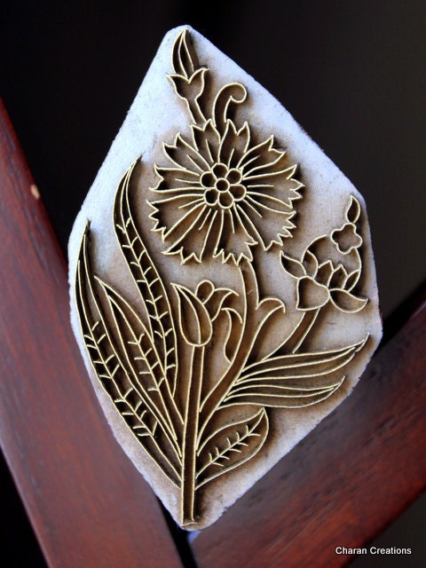 Handmade Indian Wood and Brass Textile Stamp- Floral Motif