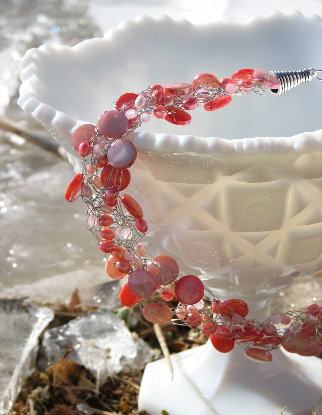 Pink Salmon Coral Pearl Wire Crochet Necklace - Coral Splendor
