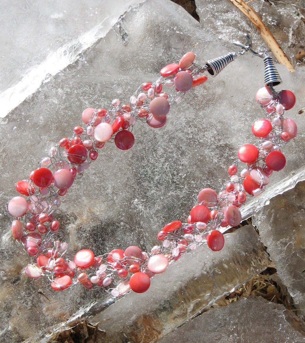 Pink Salmon Coral Pearl Wire Crochet Necklace - Coral Splendor