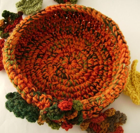 Orange and Green Crochet Bowl with Decor Leaves for Home Decoration