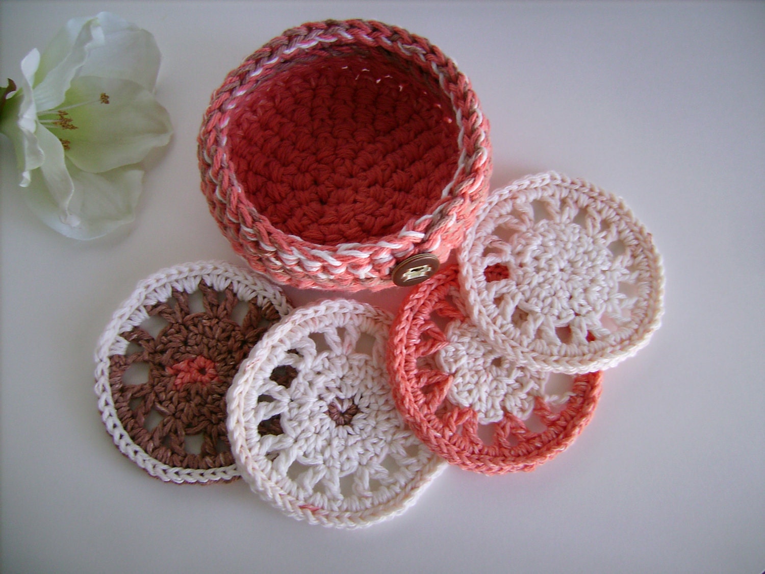 Crocheted Coaster and Bowl Set in Tangerine Cotton