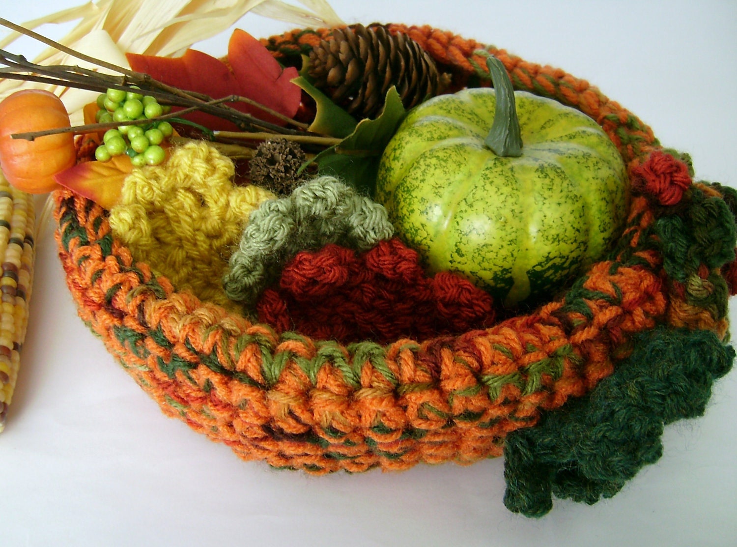 Orange and Green Crochet Bowl with Decor Leaves for Home Decoration
