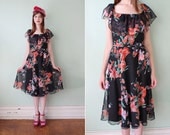 vintage 1970's black floral chiffon party dress
