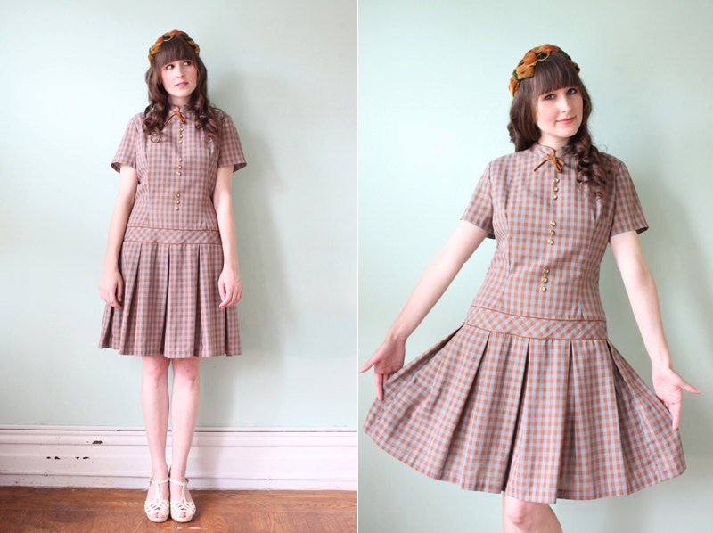 SALE / vintage 1960's blue & caramel gingham drop-waist day dress