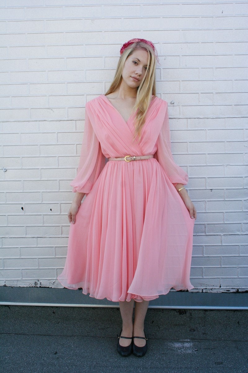 SALE / vintage 1970's pale pink I. Magnin chiffon dress