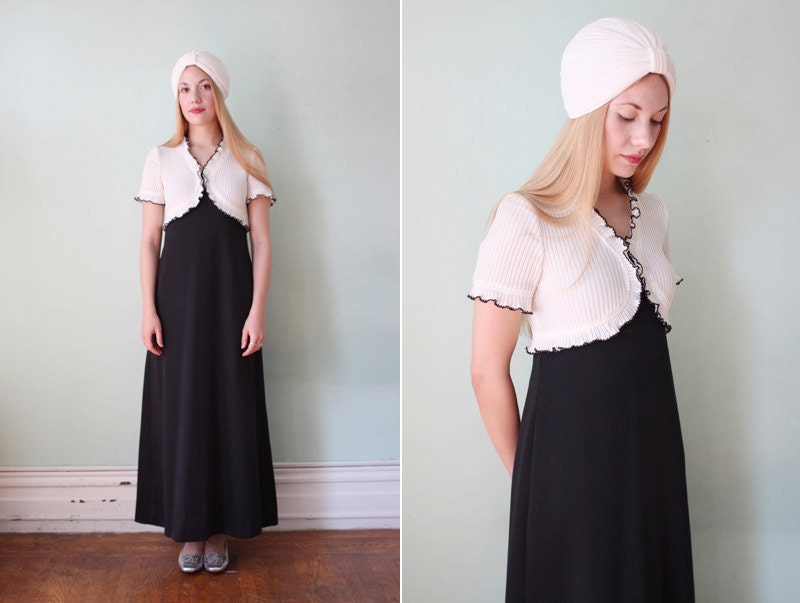 SALE / vintage 1970's white & black ruffled trim maxi dress / size xs - s