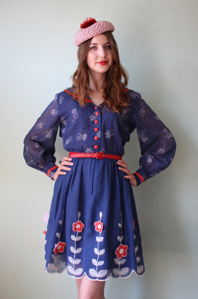 vintage 1960's navy blue & red floral polka dot dress with sailor collar / size s - m