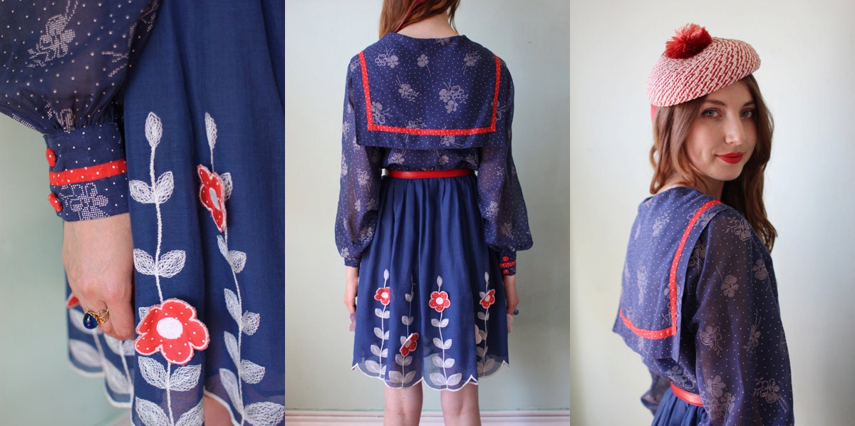 vintage 1960's navy blue & red floral polka dot dress with sailor collar / size s - m