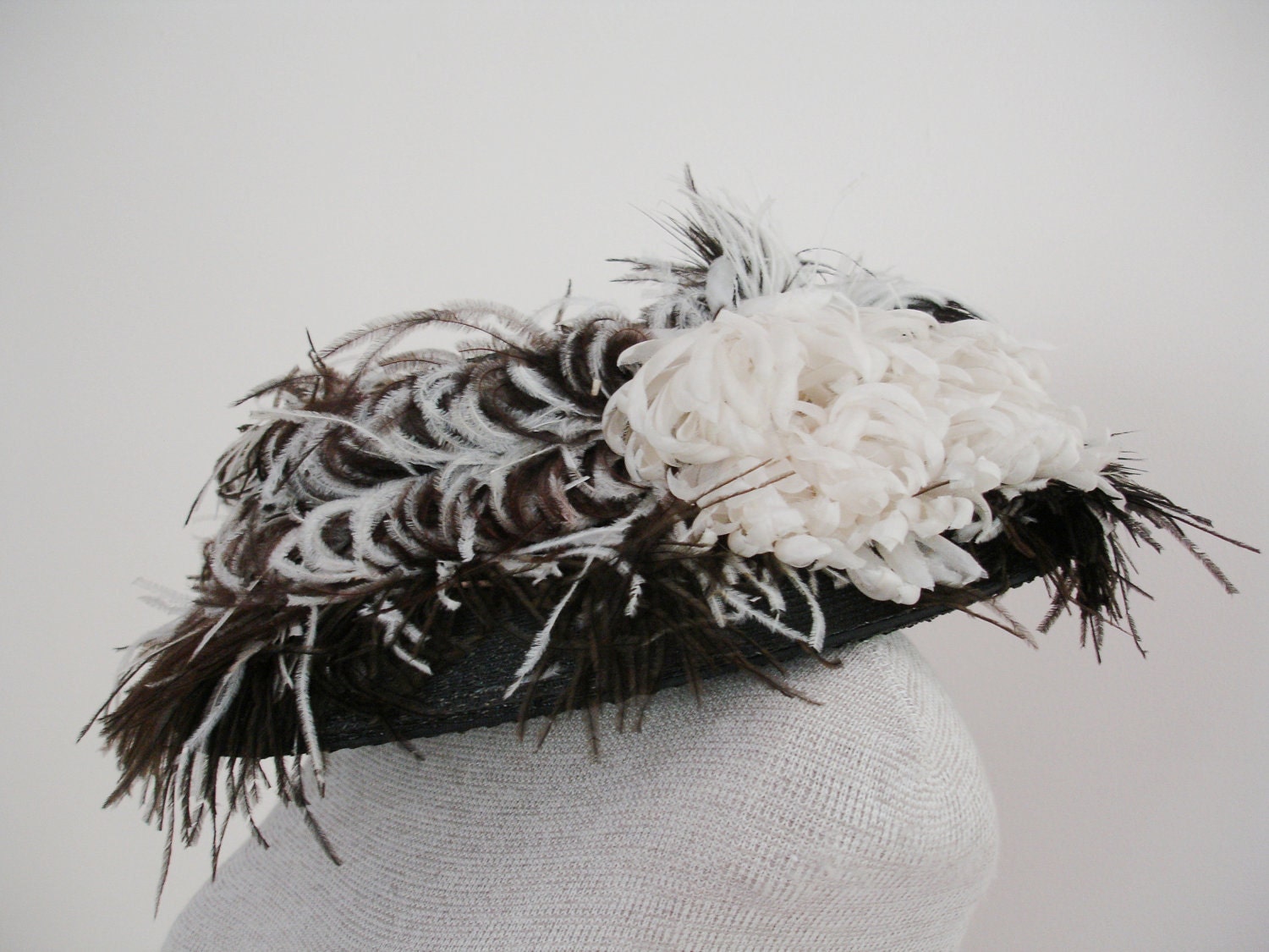 Vintage 1950s Wide Brim Black Straw Hat with Feathers and little Silk Flowers done in Edwardian Style