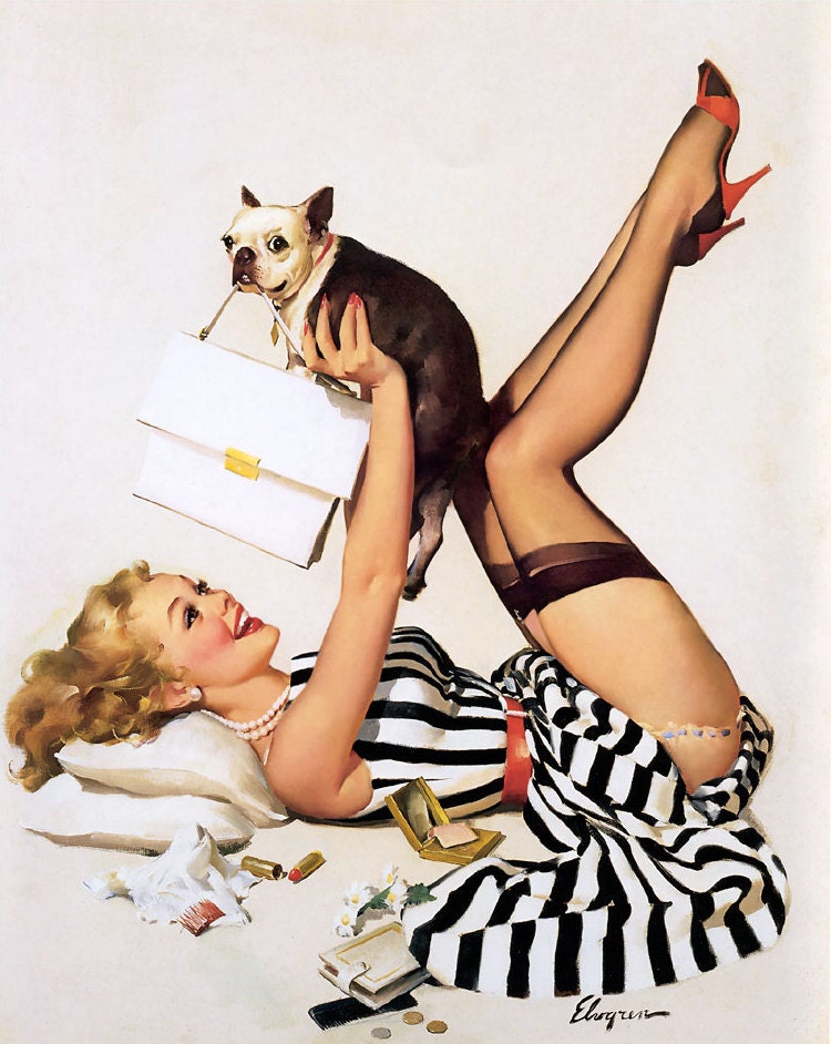 Handprinted Cotton Art Reprodn Applique Vintage Sexy Pin-up Girl Gil Elvgren "Lucky dog" , 1958