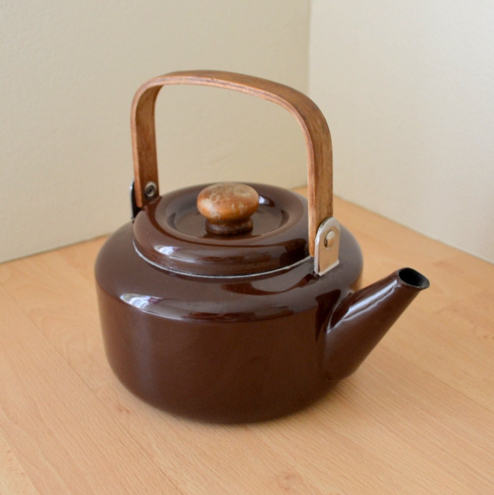 Rustic Brown Enamel Metal Teapot Vintage 1970s