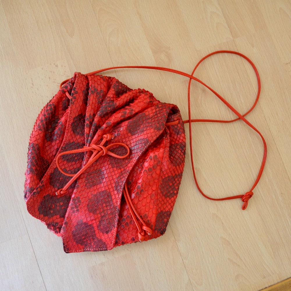 Carlos Falchi Red Leather Snake Skin Cross Body Handbag Rare Vintage 1980s