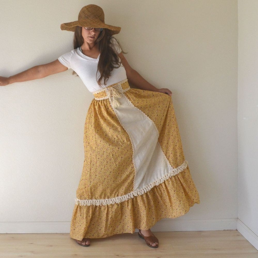 70s High Waist Prairie Boho Yellow Floral Skirt Small