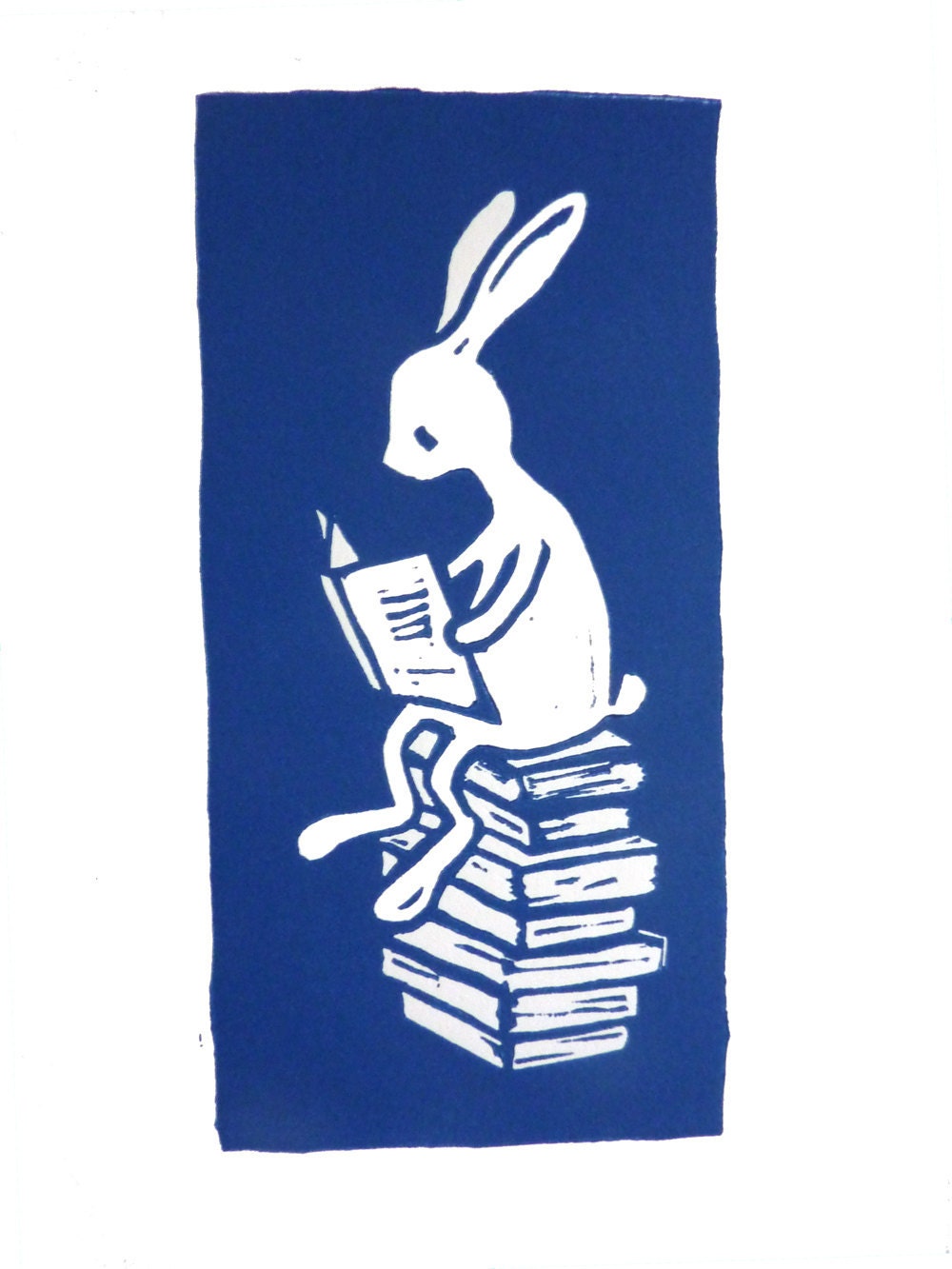 Linocut rabbit reading a book (blue version) - original linocut art print - nursery gift - handcarved and handprinted