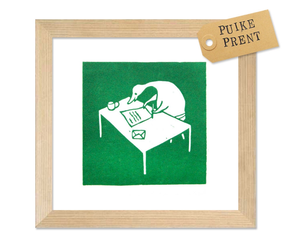 duck writing a letter - original linocut art print - nursery gift - handcarved and handprinted